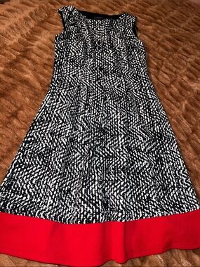 Black & White Printed Midi Dress with Red Hem
